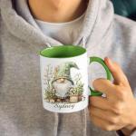 Personalized Lily of the Valley Gnome Coffee Mug, Custom Name Garden Lover Cup 11oz 15oz, Whimsical Floral Gnome White Ceramic Mug, Cute Nature Inspired Coffee Cup, Gifts for Her