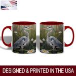 ATSAKA Blue Heron Mug, 11oz Ceramic Coffee Cup with Wetland Bird and Water Lily Scene, Nature Inspired Wildlife Drinkware, Gift for Birdwatchers and Outdoor Fans