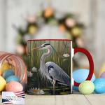 ATSAKA Blue Heron Mug, 11oz Ceramic Coffee Cup with Wetland Bird and Water Lily Scene, Nature Inspired Wildlife Drinkware, Gift for Birdwatchers and Outdoor Fans