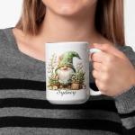 Personalized Lily of the Valley Gnome Coffee Mug, Custom Name Garden Lover Cup 11oz 15oz, Whimsical Floral Gnome White Ceramic Mug, Cute Nature Inspired Coffee Cup, Gifts for Her