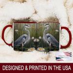ATSAKA Blue Heron Mug, 11oz Ceramic Coffee Cup with Wetland Bird and Water Lily Scene, Nature Inspired Wildlife Drinkware, Gift for Birdwatchers and Outdoor Fans