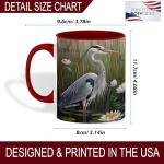 ATSAKA Blue Heron Mug, 11oz Ceramic Coffee Cup with Wetland Bird and Water Lily Scene, Nature Inspired Wildlife Drinkware, Gift for Birdwatchers and Outdoor Fans