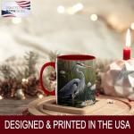 ATSAKA Blue Heron Mug, 11oz Ceramic Coffee Cup with Wetland Bird and Water Lily Scene, Nature Inspired Wildlife Drinkware, Gift for Birdwatchers and Outdoor Fans
