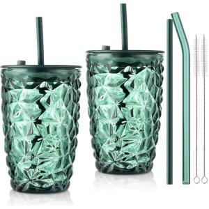 Joeyan 14.5 oz Green Tumbler with Lid and Straw,Iced Coffee Glass Cups with Diamond Design,Colored Smoothie Tea Drinking Jar,Portable Water Juice Beverages Soda Glasses,Set of 2,Dishwasher Safe