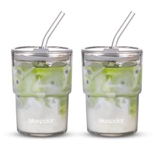 BLUEPOLAR 13oz/400ml Glass Water Tumbler with Straw and Lid Sealed Carry On Thick Wall Iced Coffee Cup Glass Cup for Water, Iced Tea Fruit Juice Etc (Aurora White,2Pack…