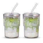 BLUEPOLAR 13oz/400ml Glass Water Tumbler with Straw and Lid Sealed Carry On Thick Wall Iced Coffee Cup Glass Cup for Water, Iced Tea Fruit Juice Etc (Aurora White,2Pack…