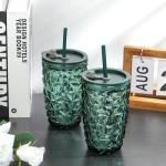 Joeyan 14.5 oz Green Tumbler with Lid and Straw,Iced Coffee Glass Cups with Diamond Design,Colored Smoothie Tea Drinking Jar,Portable Water Juice Beverages Soda Glasses,Set of 2,Dishwasher Safe