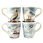Shorebirds 18 oz. Ceramic Mugs, Set of 4 – Coastal Coffee Cups with Heron, Seagull, and Shorebird Artwork – Nature-Inspired Mugs for Hot Beverages, Breakfast, Gifting, or Display