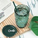 Joeyan 14.5 oz Green Tumbler with Lid and Straw,Iced Coffee Glass Cups with Diamond Design,Colored Smoothie Tea Drinking Jar,Portable Water Juice Beverages Soda Glasses,Set of 2,Dishwasher Safe