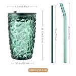 Joeyan 14.5 oz Green Tumbler with Lid and Straw,Iced Coffee Glass Cups with Diamond Design,Colored Smoothie Tea Drinking Jar,Portable Water Juice Beverages Soda Glasses,Set of 2,Dishwasher Safe
