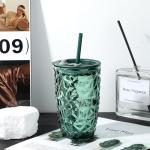 Joeyan 14.5 oz Green Tumbler with Lid and Straw,Iced Coffee Glass Cups with Diamond Design,Colored Smoothie Tea Drinking Jar,Portable Water Juice Beverages Soda Glasses,Set of 2,Dishwasher Safe