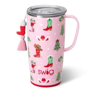 Swig Life 22oz Travel Mug, Insulated Tumbler with Handle and Lid, Cup Holder Friendly, Dishwasher Safe, Stainless Steel, Travel Coffee Cup, Insulated Mug with Lid (Howdy Holidays)