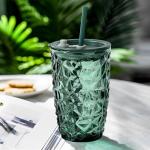 Joeyan 14.5 oz Green Tumbler with Lid and Straw,Iced Coffee Glass Cups with Diamond Design,Colored Smoothie Tea Drinking Jar,Portable Water Juice Beverages Soda Glasses,Set of 2,Dishwasher Safe