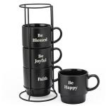 Signature Housewares Stackable Coffee Mug Tower Set with Metal Wire Rack - 15 Ounce Coffee Mugs for Coffee, Tea, Cocoa, Milk, Cappuccino, Hot Chocolate Set of 4 - Be Happy Matte Black