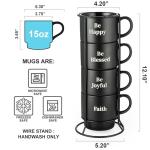 Signature Housewares Stackable Coffee Mug Tower Set with Metal Wire Rack - 15 Ounce Coffee Mugs for Coffee, Tea, Cocoa, Milk, Cappuccino, Hot Chocolate Set of 4 - Be Happy Matte Black