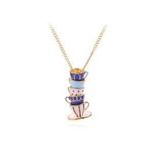 OSCCI Stacked Enamel Teacup Necklace for Women Dainty Teacup Teapot Coffee Tea Cup Sweater Pendant Necklace Funny Jewelry (Blue)