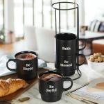 Signature Housewares Stackable Coffee Mug Tower Set with Metal Wire Rack - 15 Ounce Coffee Mugs for Coffee, Tea, Cocoa, Milk, Cappuccino, Hot Chocolate Set of 4 - Be Happy Matte Black