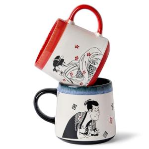 BICETTO Handmade 15oz Japanese Ukiyo-e Large Ceramic Coffee Mug, Artistic Pottery Big Tea Cup for Office & Home, Microwave & Dishwasher Safe (Samurai & Geisha)