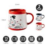 BICETTO Handmade 15oz Japanese Ukiyo-e Large Ceramic Coffee Mug, Artistic Pottery Big Tea Cup for Office & Home, Microwave & Dishwasher Safe (Samurai & Geisha)