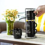 Signature Housewares Stackable Coffee Mug Tower Set with Metal Wire Rack - 15 Ounce Coffee Mugs for Coffee, Tea, Cocoa, Milk, Cappuccino, Hot Chocolate Set of 4 - Be Happy Matte Black