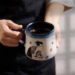 BICETTO Handmade 15oz Japanese Ukiyo-e Large Ceramic Coffee Mug, Artistic Pottery Big Tea Cup for Office & Home, Microwave & Dishwasher Safe (Samurai & Geisha)
