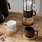 LUKA Porcelain Espresso Cup with Saucer and Metal Stand, 4 Ounce Stackable Ceramic Demitasse Espresso Mugs Cups Set for Latte, Specialty Coffee Drinks, Cafe Mocha,Tea - Set of 4, White & Black