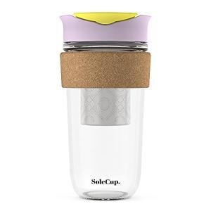 SoleCup. Large Travel Mug Loose Tea Infuser - Detachable Tea Strainer with Spill Proof Lid - 18oz/530ml BPA-Free Reusable Glass Travel Coffee Cup with Cork Band (Ice Cream)