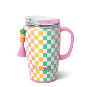 Swig Life 18oz Travel Mug, Insulated Tumbler with Handle and Lid, Cup Holder Friendly, Dishwasher Safe, Stainless Steel, Checkered Tumbler with Handle (Check Mate)