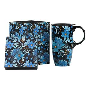 Topadorn Ceramic Coffee Mug Travel Cup with Lid 17oz., Porcelain Tall Tea Cup with Handle for Home & Office, Blue Floral Art Pattern Mug with Gift Box, 6.5''H