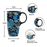 Topadorn Ceramic Coffee Mug Travel Cup with Lid 17oz., Porcelain Tall Tea Cup with Handle for Home & Office, Blue Floral Art Pattern Mug with Gift Box, 6.5''H