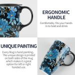 Topadorn Ceramic Coffee Mug Travel Cup with Lid 17oz., Porcelain Tall Tea Cup with Handle for Home & Office, Blue Floral Art Pattern Mug with Gift Box, 6.5''H