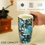 Topadorn Ceramic Coffee Mug Travel Cup with Lid 17oz., Porcelain Tall Tea Cup with Handle for Home & Office, Blue Floral Art Pattern Mug with Gift Box, 6.5''H