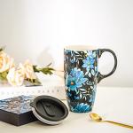 Topadorn Ceramic Coffee Mug Travel Cup with Lid 17oz., Porcelain Tall Tea Cup with Handle for Home & Office, Blue Floral Art Pattern Mug with Gift Box, 6.5''H