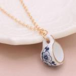 Vintage Blue Flower Porcelain Teacup Jewelry Set: Ceramic Pendant Necklace & Drop Earrings (2-Piece Set)
