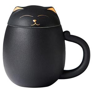 HEER Ceramic Tea Mug with Infuser and Lid, Cute Cat Tea Cup with Filter for Steeping Loose Leaf, Novelty Teacup Birthday Christmas Gifts for Men, Women, Cat Lovers. (Black)