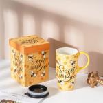 Topadorn Coffee Ceramic Mug Porcelain Latte Tea Cup With Lid in Present Box 17oz,Novelty Coffee Mugs for Men Women Office & Home Bee Mug