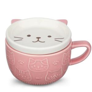 Cute Ceramic Cat Coffee Mug with Lid,Kawaii Coffee Mugs or Tea Cups for Cat Lovers,Funny Novelty Cat Breakfast Mugs for Women,Wife,Mum,Girls,Boys,Friends,Kids,Christmas,Birthday Gift,300ML(Pink)