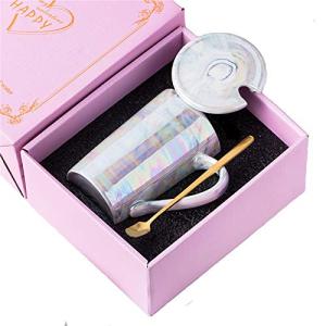 KEYIGOU 13.5oz Marble Coffee Mugs with Lid Gold Spoon Pearly Ceramic Tea Cup Cute Mugs for Women Mom Friend Gifts