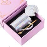 KEYIGOU 13.5oz Marble Coffee Mugs with Lid Gold Spoon Pearly Ceramic Tea Cup Cute Mugs for Women Mom Friend Gifts