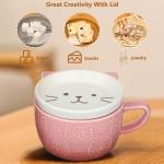 Cute Ceramic Cat Coffee Mug with Lid,Kawaii Coffee Mugs or Tea Cups for Cat Lovers,Funny Novelty Cat Breakfast Mugs for Women,Wife,Mum,Girls,Boys,Friends,Kids,Christmas,Birthday Gift,300ML（Pink）