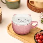 Cute Ceramic Cat Coffee Mug with Lid,Kawaii Coffee Mugs or Tea Cups for Cat Lovers,Funny Novelty Cat Breakfast Mugs for Women,Wife,Mum,Girls,Boys,Friends,Kids,Christmas,Birthday Gift,300ML（Pink）