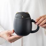 HEER Ceramic Tea Mug with Infuser and Lid, Cute Cat Tea Cup with Filter for Steeping Loose Leaf, Novelty Teacup Birthday Christmas Gifts for Men, Women, Cat Lovers. (Black)