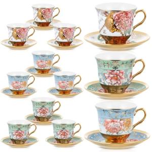 Teenyyou Set of 12 Tea Cups and Saucers Tea Party Decorations Floral Porcelain 5.4 oz British Gift for Women Birthday Party, Church, and Mother's Day (Classic Style)