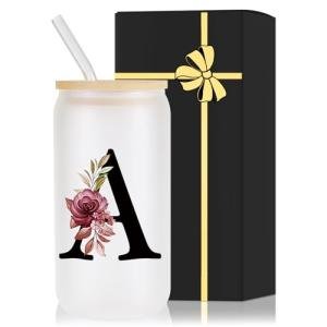 Monogrammed Glass Drinking Cup With Bamboo Lid Straw Customized Iced Coffee Tumbler 16oz Clear Mason Jar Beer Water Smoothie Cocktail Accessories Cool Cute Mug Gift Vasos De Vidrio Con Tapa Popote,A