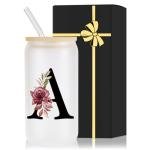 Monogrammed Glass Drinking Cup With Bamboo Lid Straw Customized Iced Coffee Tumbler 16oz Clear Mason Jar Beer Water Smoothie Cocktail Accessories Cool Cute Mug Gift Vasos De Vidrio Con Tapa Popote,A