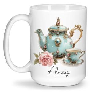 Personalized Elegant Teapot And Teacup Mug, Customized Name Coffee Cup 11oz 15oz, Custom Beautiful Vintage-Inspired Ceramic Mug, Tea Lovers White Cup, Gift For Grandparents On Holiday