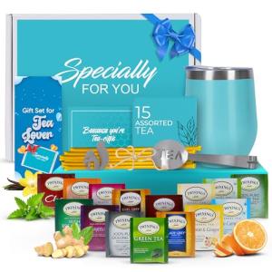Tea Gifts for Women – Sampler Gift Basket with 15 Unique Blends, Honey Sticks, Stainless Tumbler & Gift-Ready Box (Teal)