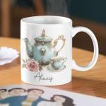 Personalized Elegant Teapot And Teacup Mug, Customized Name Coffee Cup 11oz 15oz, Custom Beautiful Vintage-Inspired Ceramic Mug, Tea Lovers White Cup, Gift For Grandparents On Holiday
