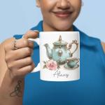 Personalized Elegant Teapot And Teacup Mug, Customized Name Coffee Cup 11oz 15oz, Custom Beautiful Vintage-Inspired Ceramic Mug, Tea Lovers White Cup, Gift For Grandparents On Holiday