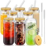 20 Oz Drinking Glasses with Bamboo Lids and Glass Straw - 8 Pcs Glass Cups Beer Ice Coffee Glasses Cute Aesthetic Cup Great for Coffee Bar Accessories Include 2 Cleaning Brushes